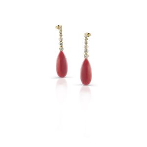 Orecchini in oro 18 kt, corallo rosso e diamanti
