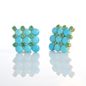 Orecchini in oro 18 kt, turchese e smeraldi