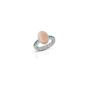 Anello elastico in oro 18 kt, corallo rosa e smeraldi