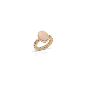 Anello elastico in oro 18 kt, corallo rosa e diamanti brown