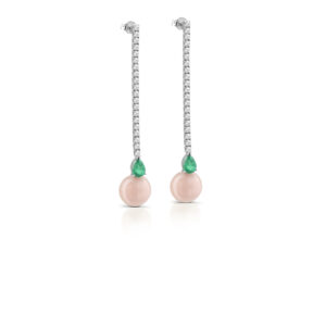 Orecchini in oro 18 kt, corallo rosa, smeraldi e diamanti