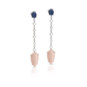 Orecchini in oro 18 kt, corallo rosa, spinelli e diamanti